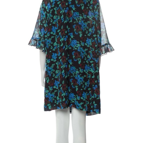 Ganni Printed Light Crepe Ruffle V-Neck Raglan Dress in Meadow Azure Blue 34 - Picture 3 of 16